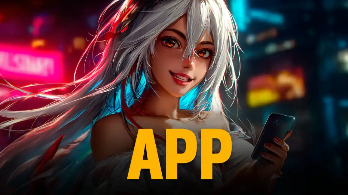 Anime-style girl with silver hair holding smartphone in colorful neon cityscape with APP text overlay