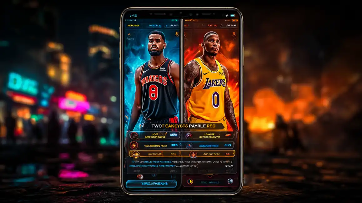 Professional basketball players from different teams displayed on smartphone betting application interface in urban setting