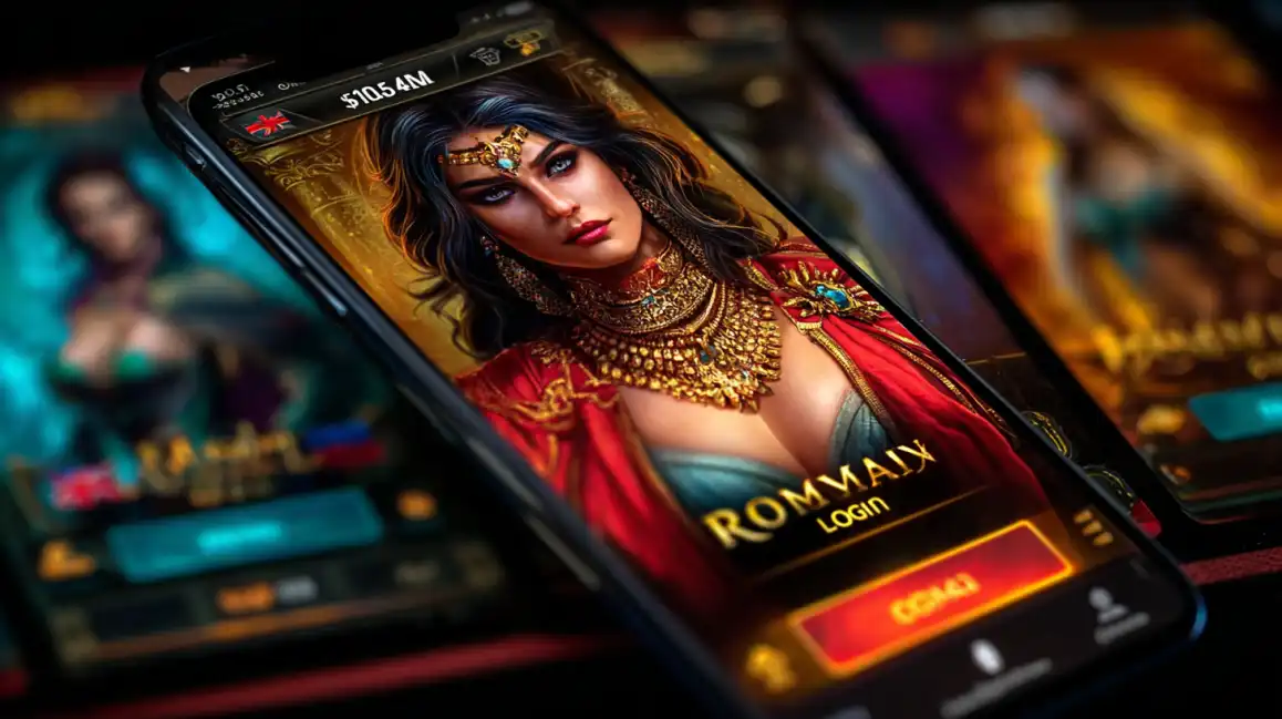 Elegant Roman goddess character on smartphone screen showing casino game login interface with ornate golden jewelry