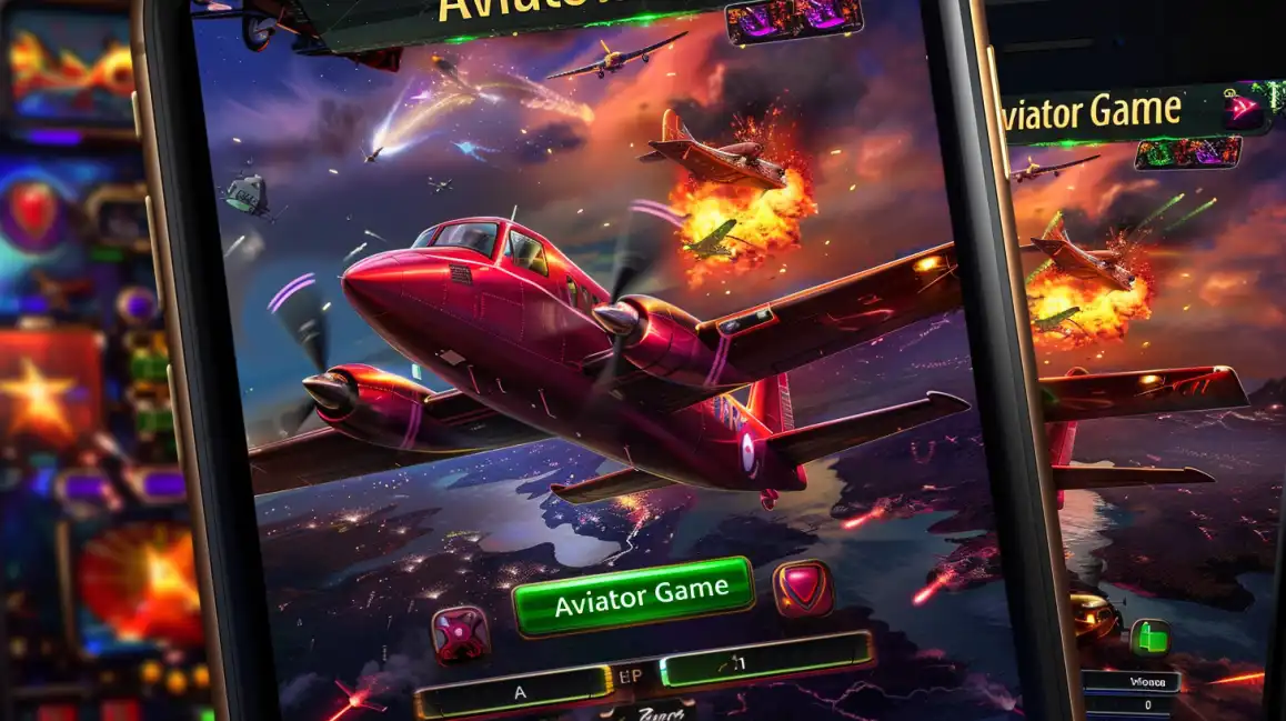 Aviator crash game showing red military aircraft in aerial combat scene with explosion effects
