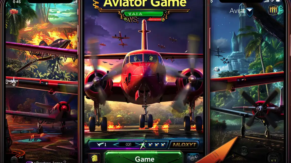 Mobile Aviator game interface displaying multiple aircraft in tropical war scene with game controls visible