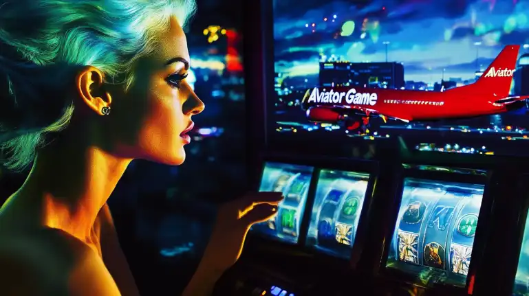 Stylish woman with green hair playing Aviator game on slot machine in atmospheric casino lighting