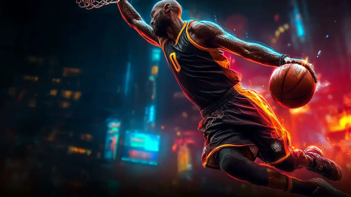 Athletic basketball player performing dynamic slam dunk in dramatic neon-lit urban environment