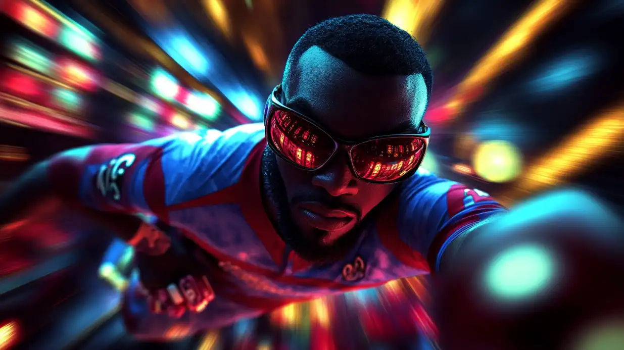 Futuristic man with LED sunglasses in dynamic motion blur with vibrant neon light streaks