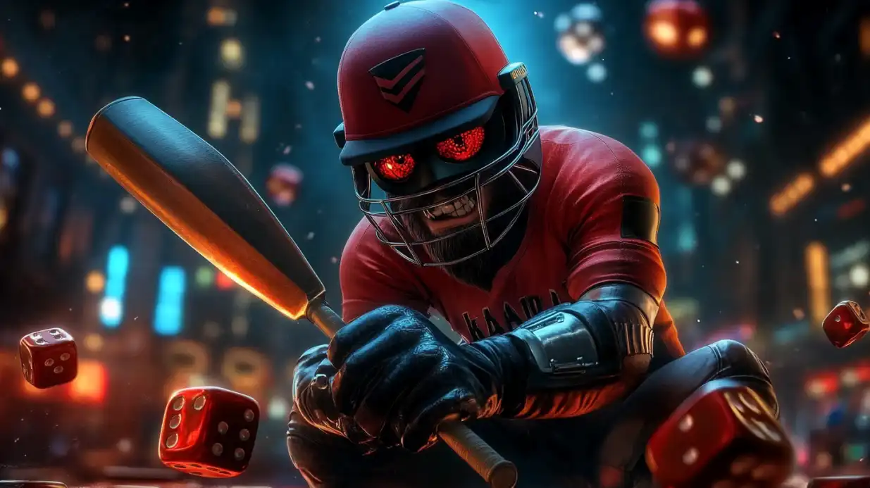 Armored cyberpunk character with baseball bat and glowing red eyes surrounded by floating casino dice
