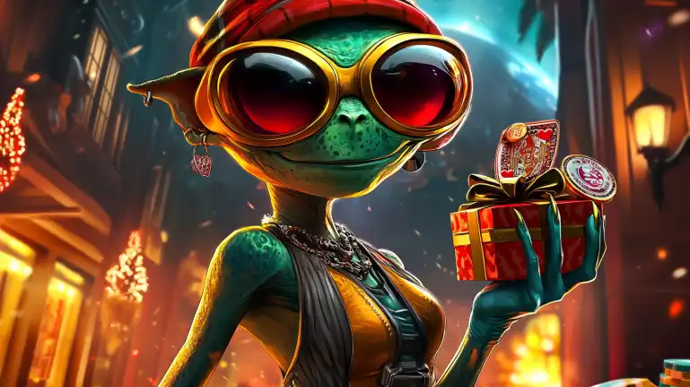 Green alien character wearing retro goggles holding gift box with casino chips in urban steampunk setting