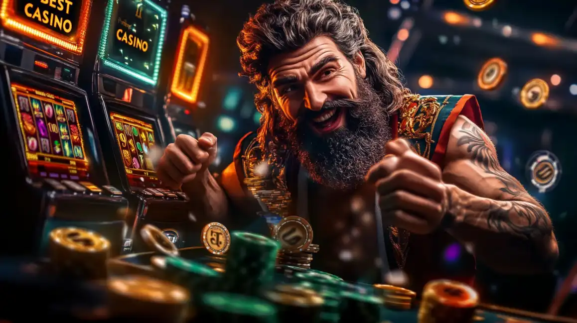 Enthusiastic bearded viking character celebrating at casino slot machines with flying coins and thumbs up gesture