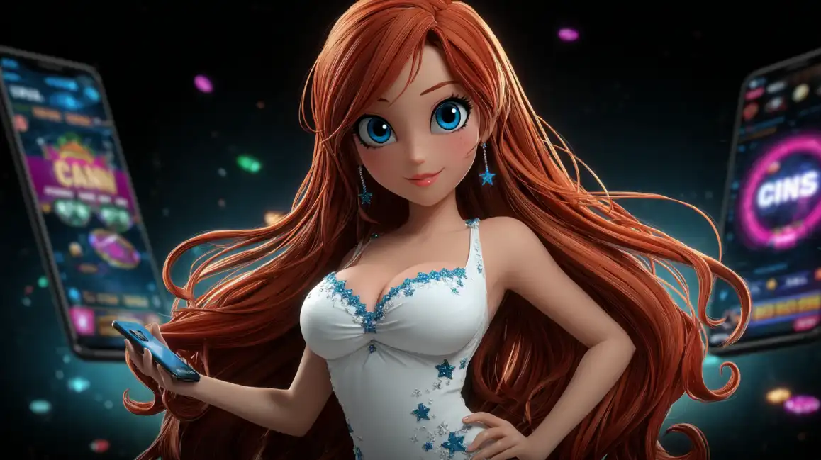 Anime-style redhead girl in white dress holding smartphone with casino games visible in background