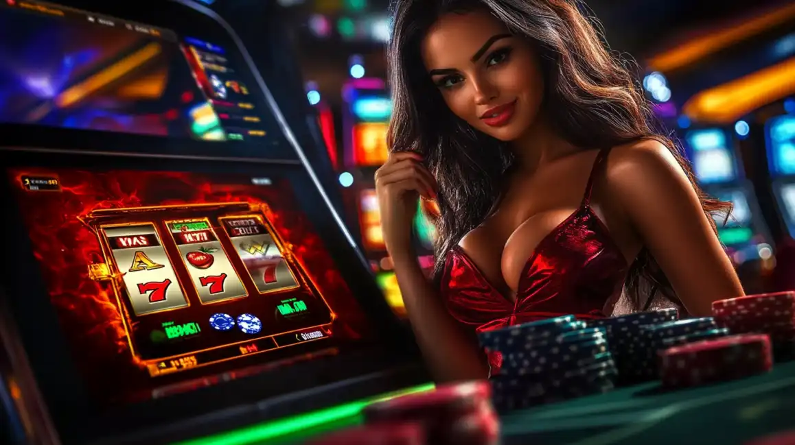 Beautiful woman in red dress playing slot machine showing lucky sevens in vibrant casino atmosphere