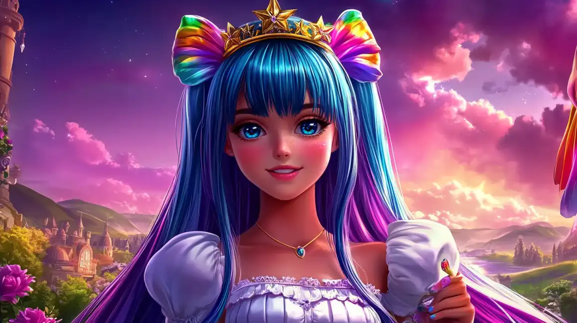 Anime-style princess character with blue hair and crown in magical fantasy landscape for slot game