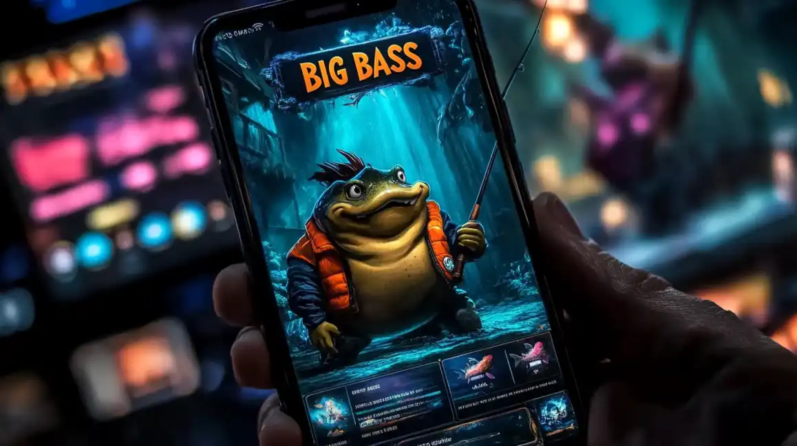Big Bass mobile slot game on smartphone showing underwater fishing theme with cartoon bass character