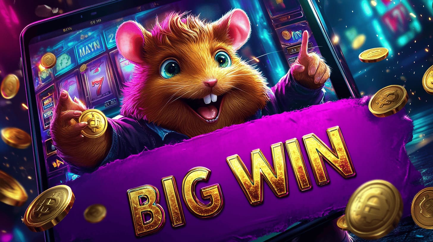 Excited cartoon hamster celebrating big win with gold coins and purple Big Win banner on mobile slot game