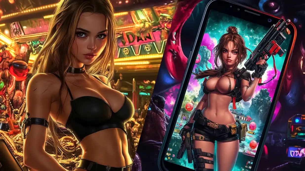 Stylish blonde woman holding smartphone with action-themed slot game in futuristic cyberpunk casino setting
