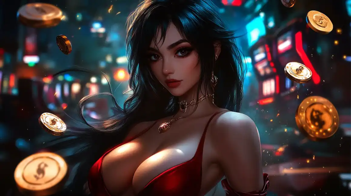 Elegant woman in red dress with golden coins floating around in vibrant neon casino atmosphere
