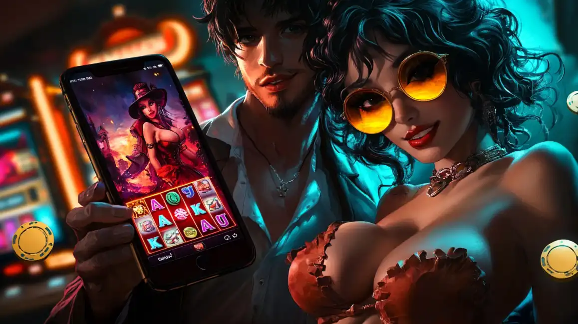 Fashionable couple with smartphone showing casino slot game in atmospheric neon lighting with chips