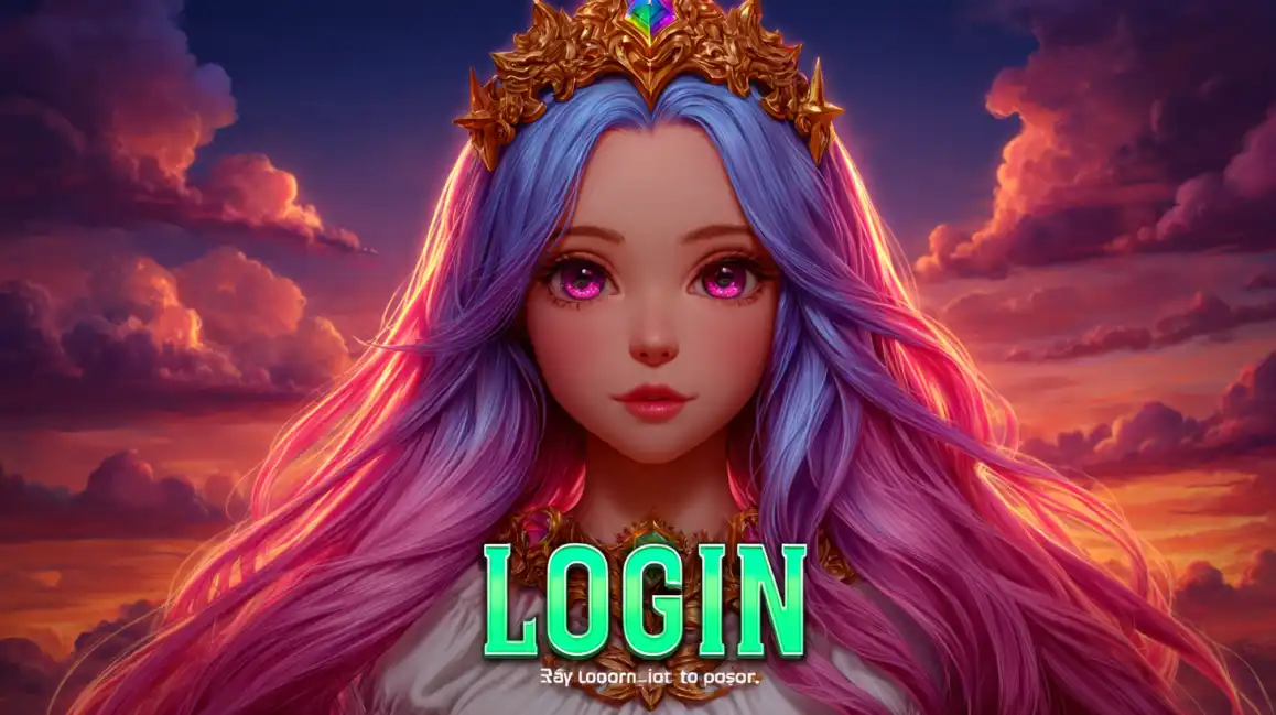 Fantasy princess character with purple hair and golden crown in dramatic sunset sky with LOGIN text overlay