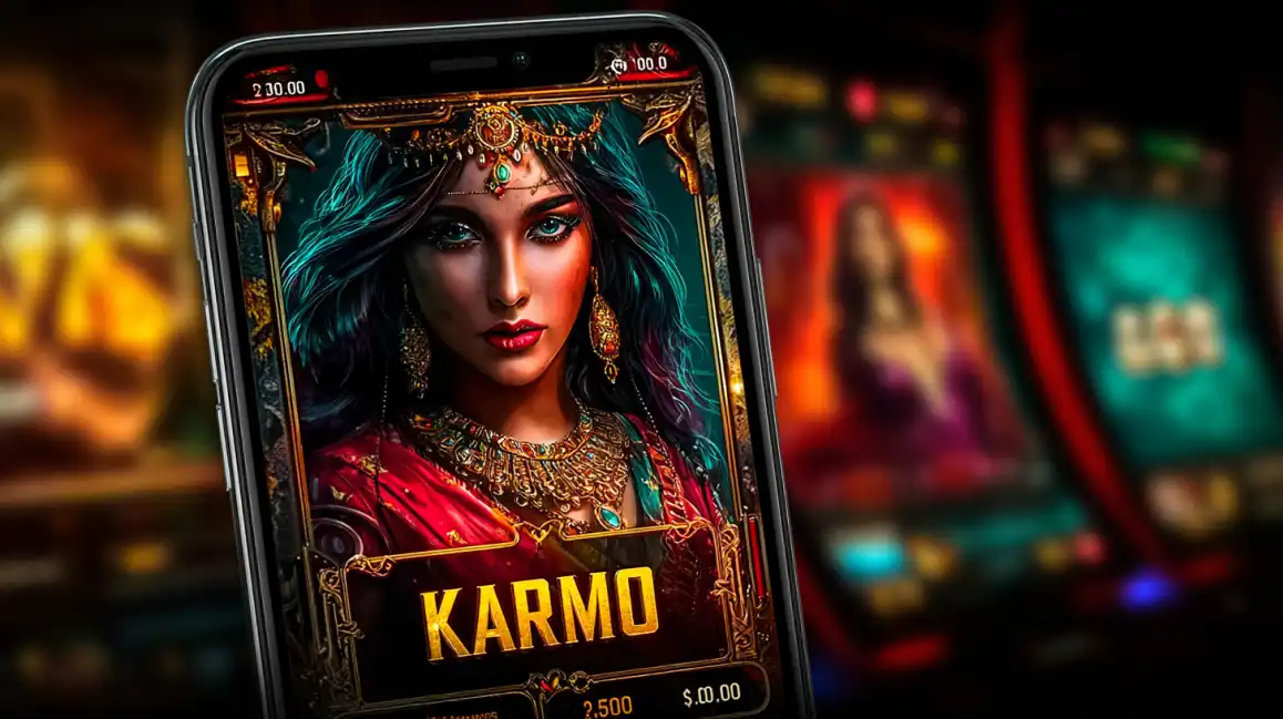 Elegant Indian goddess character with ornate jewelry and red dress displayed on smartphone screen showing KARMO game interface