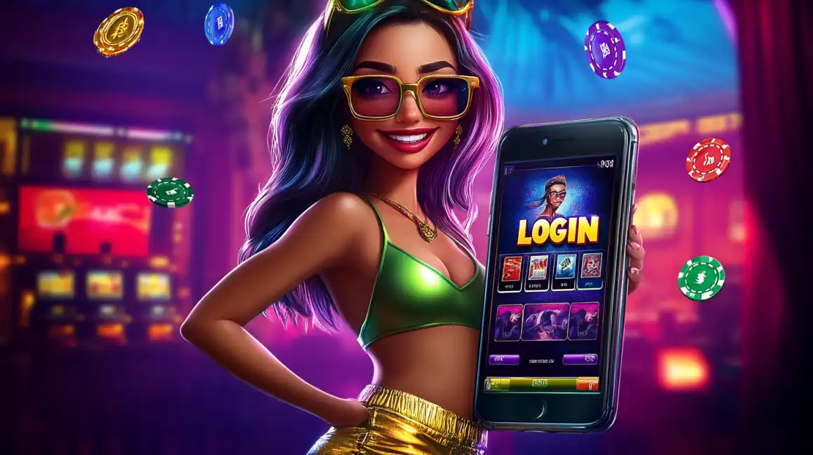 Fashionable woman with sunglasses holding smartphone showing casino login interface surrounded by floating poker chips