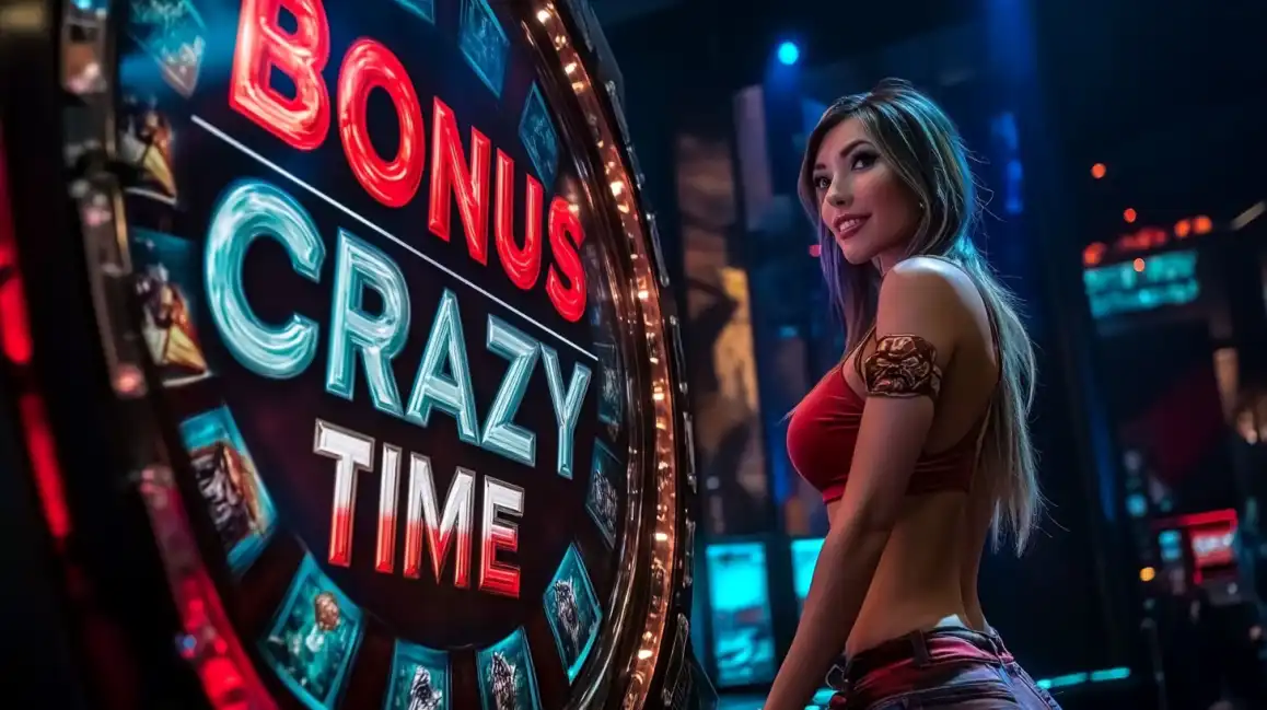 Neon casino sign reading Bonus Crazy Time with attractive woman in red dress in nighttime casino setting