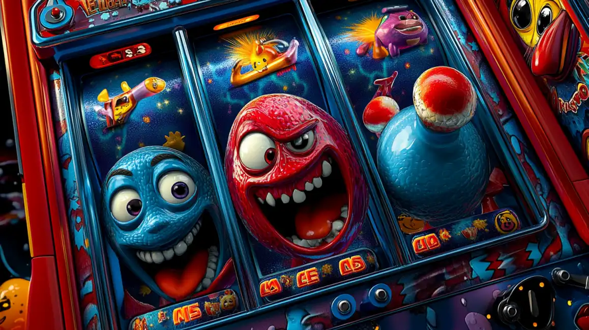 Vibrant slot machine reels displaying animated characters and space-themed symbols with winning combinations