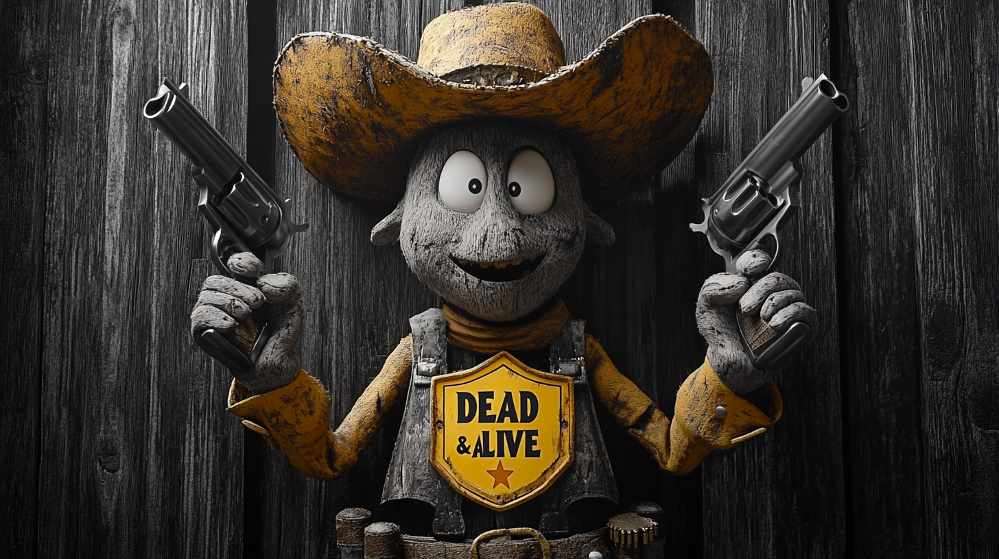 Dead or Alive Western-themed slot game featuring a cartoon cowboy character with revolvers and sheriff badge